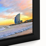 Extra large framed canvas featuring a textured depiction of a Barcelona scenery in black with colorful accents.
