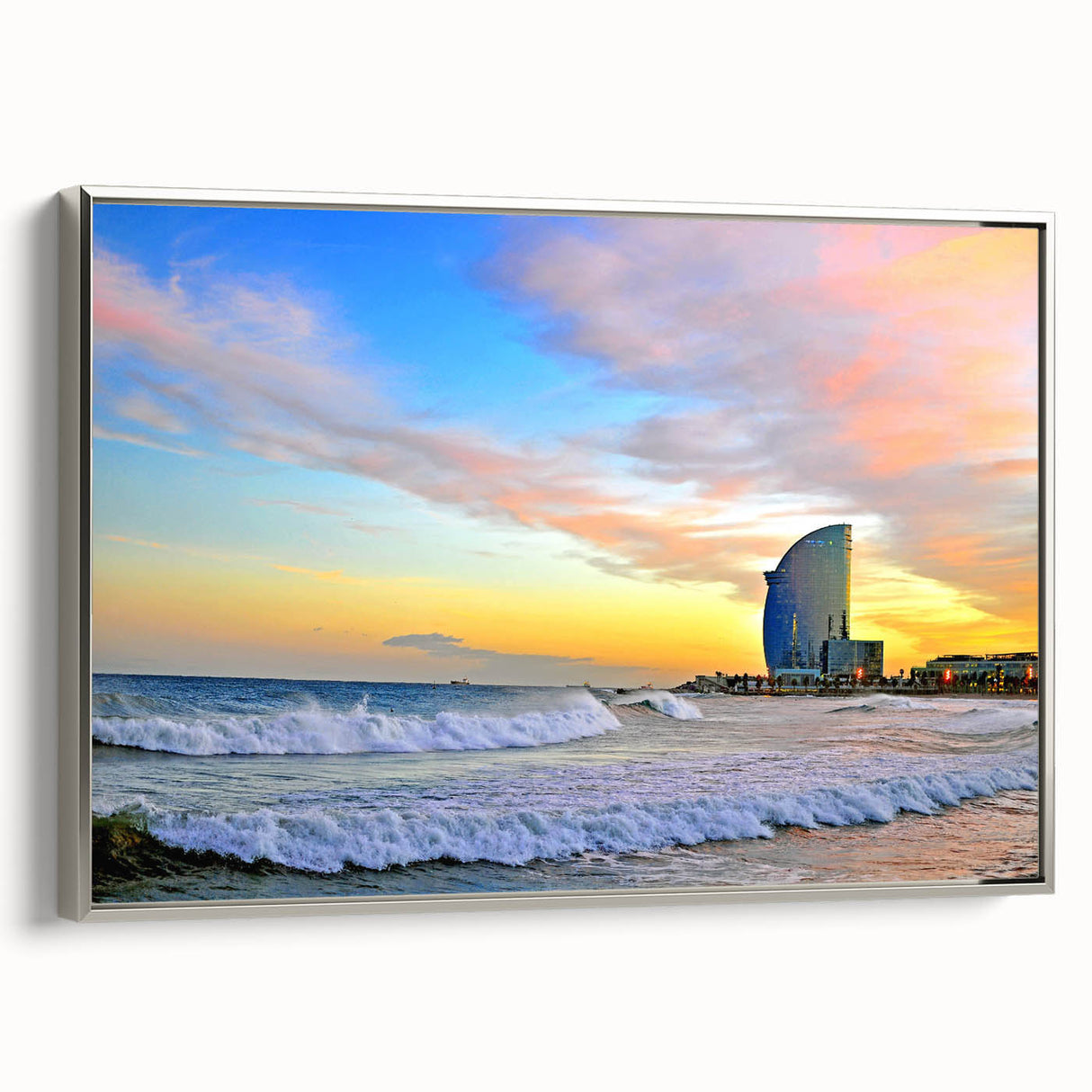 Landscape art painting of Barcelona with colorful hues on a silver-framed canvas, suitable for a living room or office.