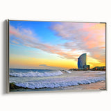 Landscape art painting of Barcelona with colorful hues on a silver-framed canvas, suitable for a living room or office.
