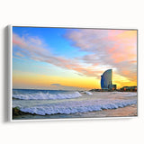 Vintage poster art of Barcelona with colorful imagery on a white-framed canvas, ideal for living room decor.