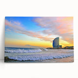 Large black and white stretched canvas of Barcelona street scene, ideal for kitchen wall art.