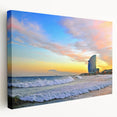 Large stretched canvas depicting a daytime Barcelona cityscape in soft pastel tones, ideal for kitchen wall art.