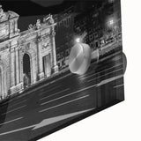 Large abstract depiction of Madrid skyline in muted earth tones on acrylic glass, suited for dining room art.