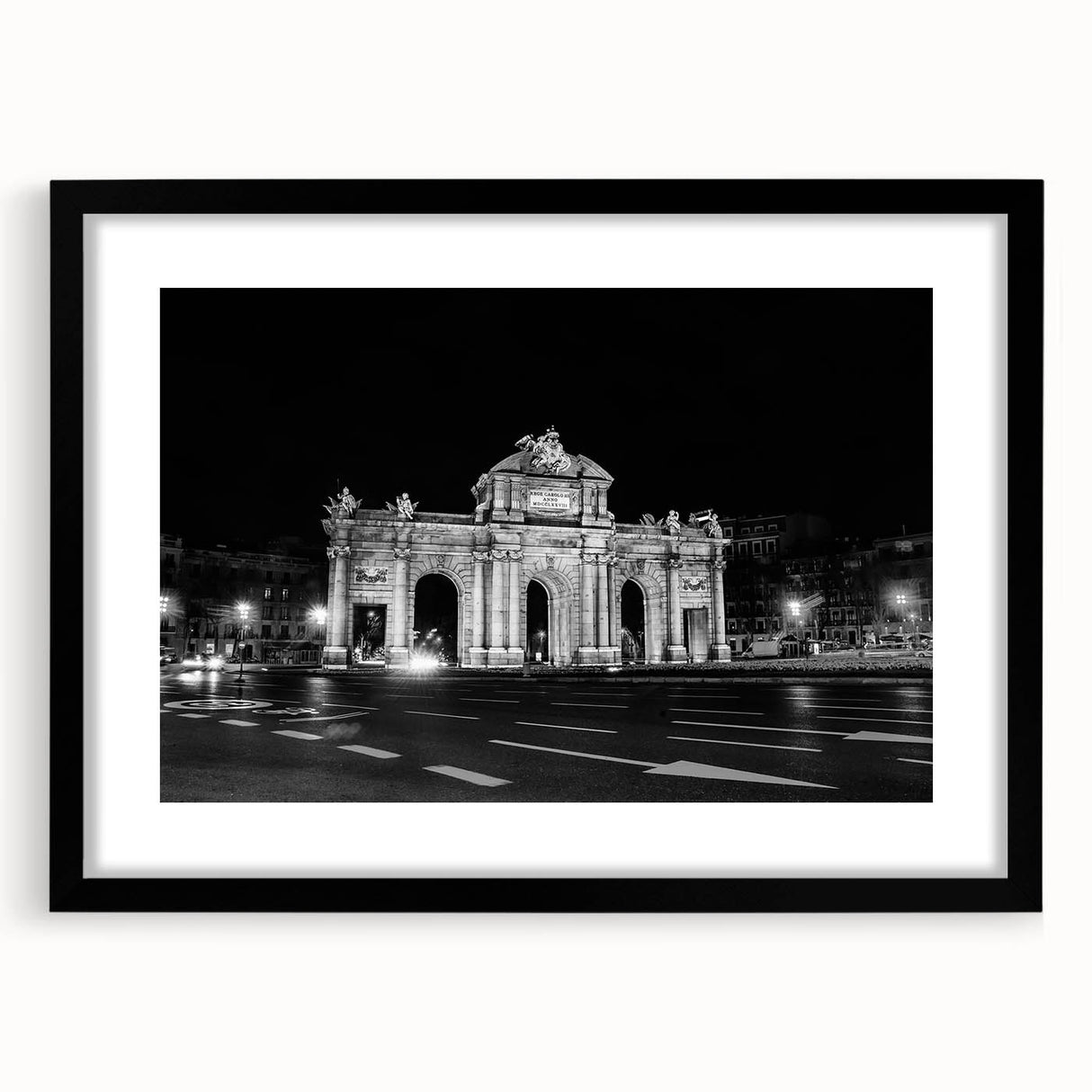 Extra large textured abstract art print of colorful Madrid scenery on a black framed canvas, ideal for living room decor.