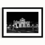 Extra large textured abstract art print of colorful Madrid scenery on a black framed canvas, ideal for living room decor.