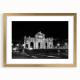 Extra large abstract art print of Madrid scenery in textured gold frame, ideal for living room decor.