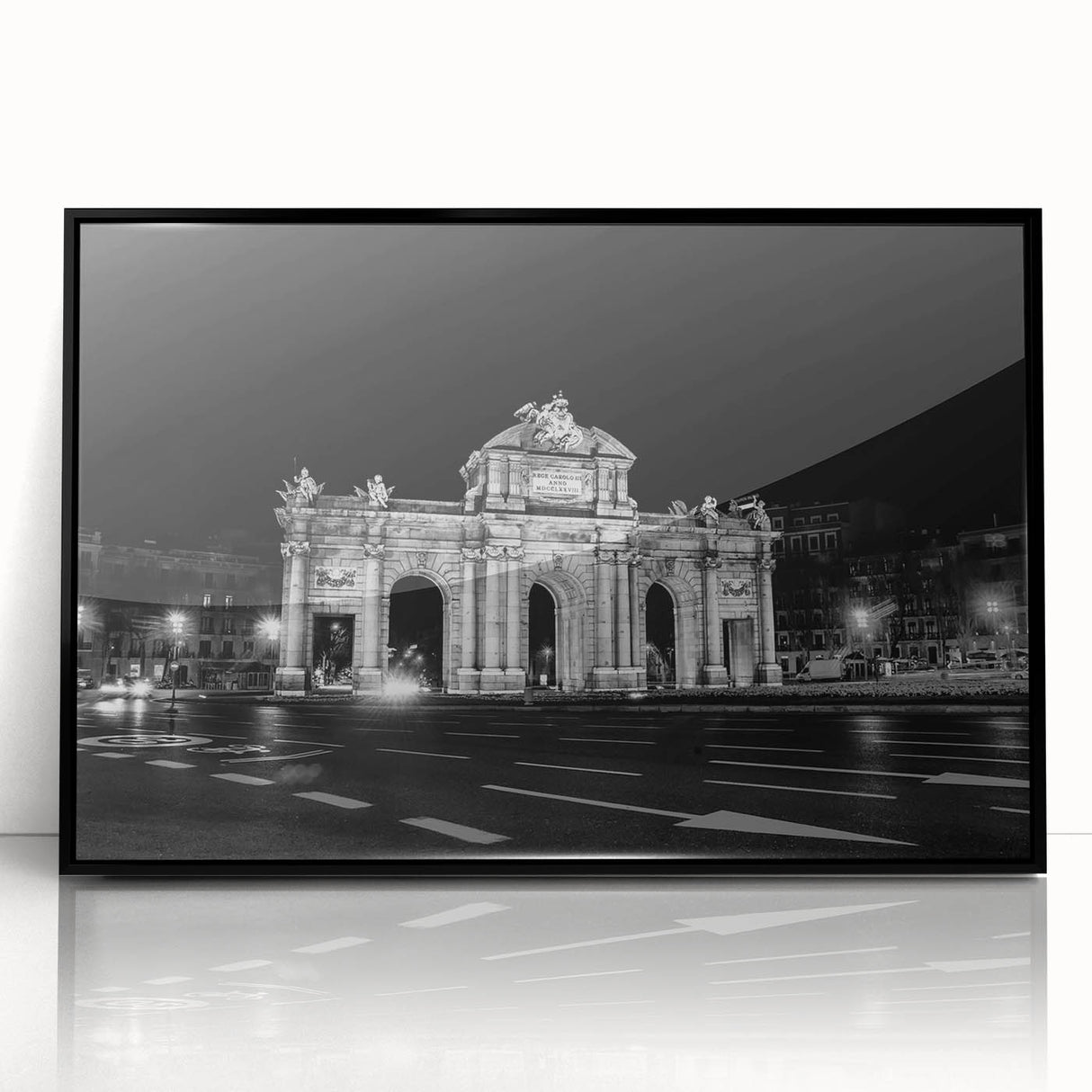 Large abstract wall art depicting the Madrid skyline in muted gray and blue tones on a framed acrylic.