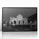 Large abstract wall art depicting the Madrid skyline in muted gray and blue tones on a framed acrylic.