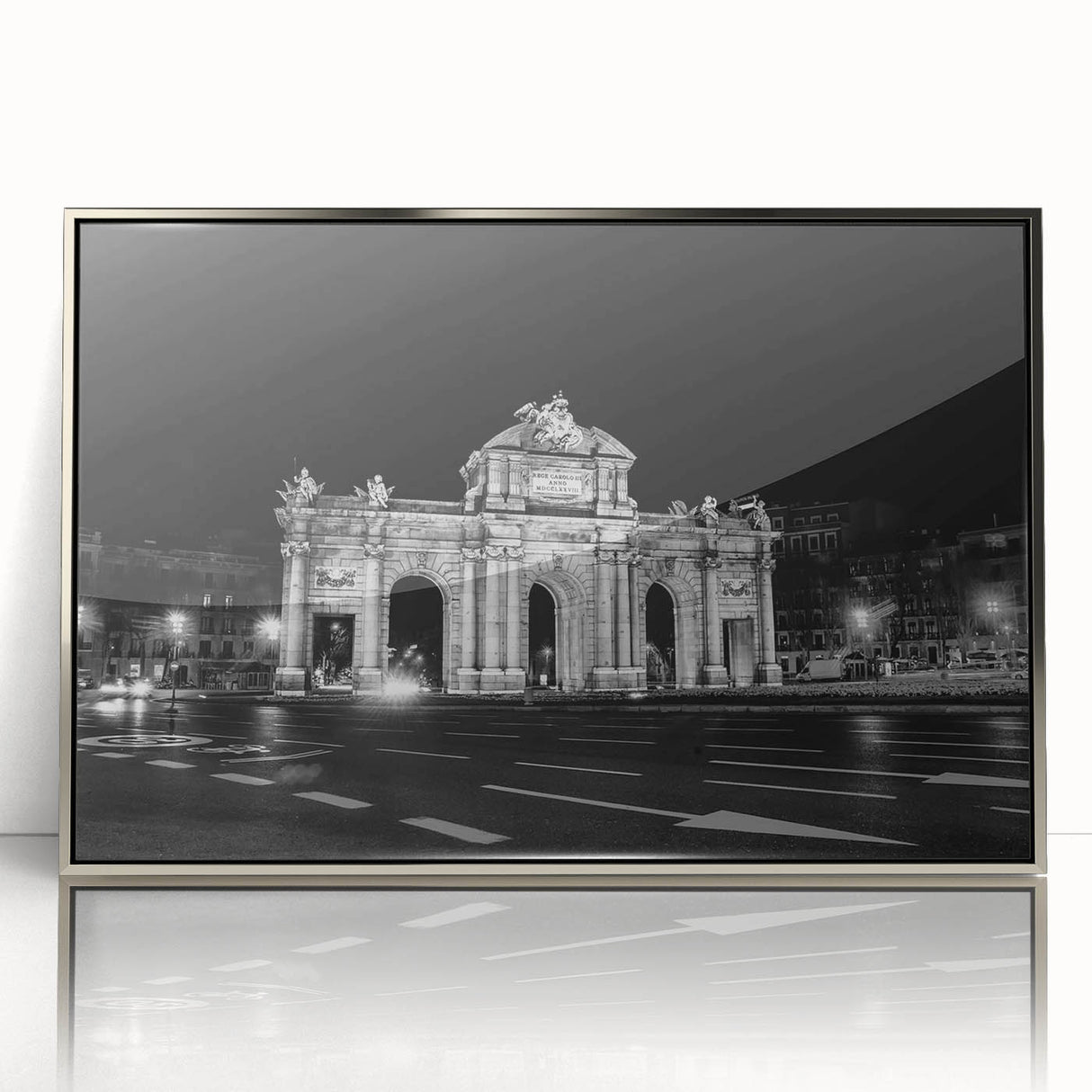 Mid-century modernist art of Madrid skyline in muted earth tones on a framed acrylic, ideal for nursery wall decor.
