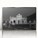 Mid-century modernist art of Madrid skyline in muted earth tones on a framed acrylic, ideal for nursery wall decor.