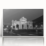 Art deco style poster of Madrid skyline in muted gray and blue tones, framed acrylic, ideal for modern nursery wall art.