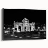 Black and white wall art of Madrid landscape, vintage poster style on framed canvas, ideal for bedroom decor.