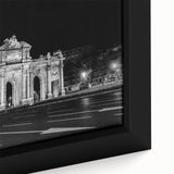 Extra large framed canvas featuring a textured, colorful depiction of Madrid's skyline in muted blue and orange tones.