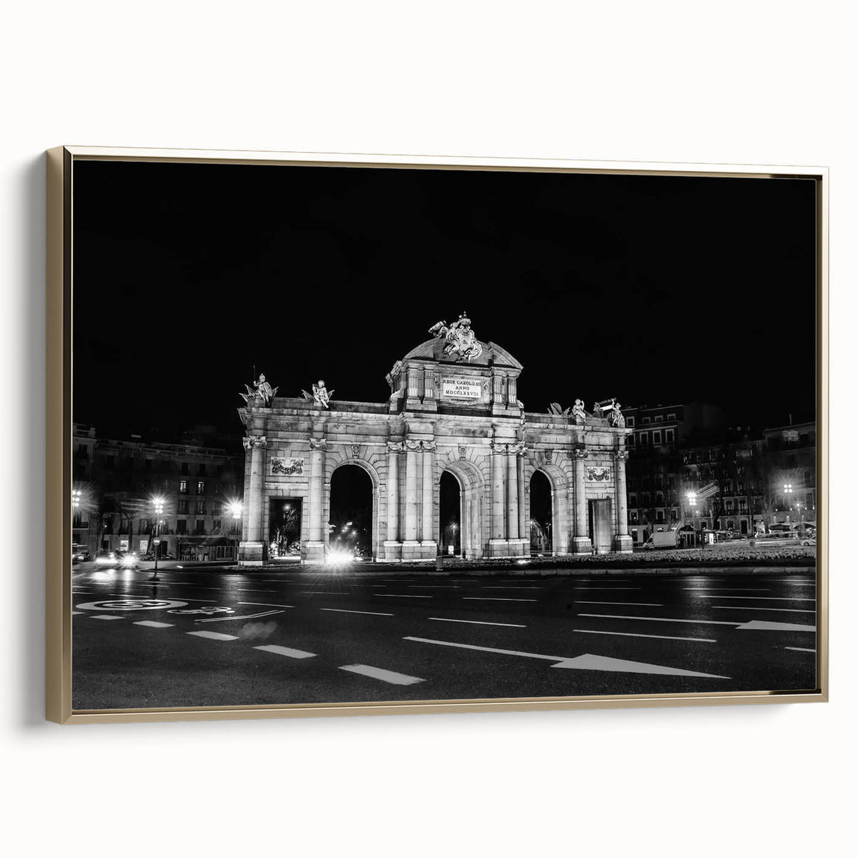 Framed canvas featuring a vintage poster art of Madrid landscape in muted gold and black, ideal for bedroom wall decor.