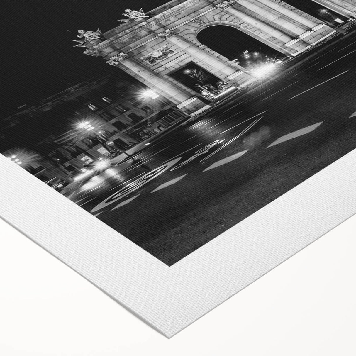 Art deco poster of Madrid skyline in muted earth tones on rolled canvas, suitable for dining room decor.