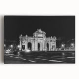 Black and white stretched canvas of Madrid street scene, ideal for kitchen wall art.