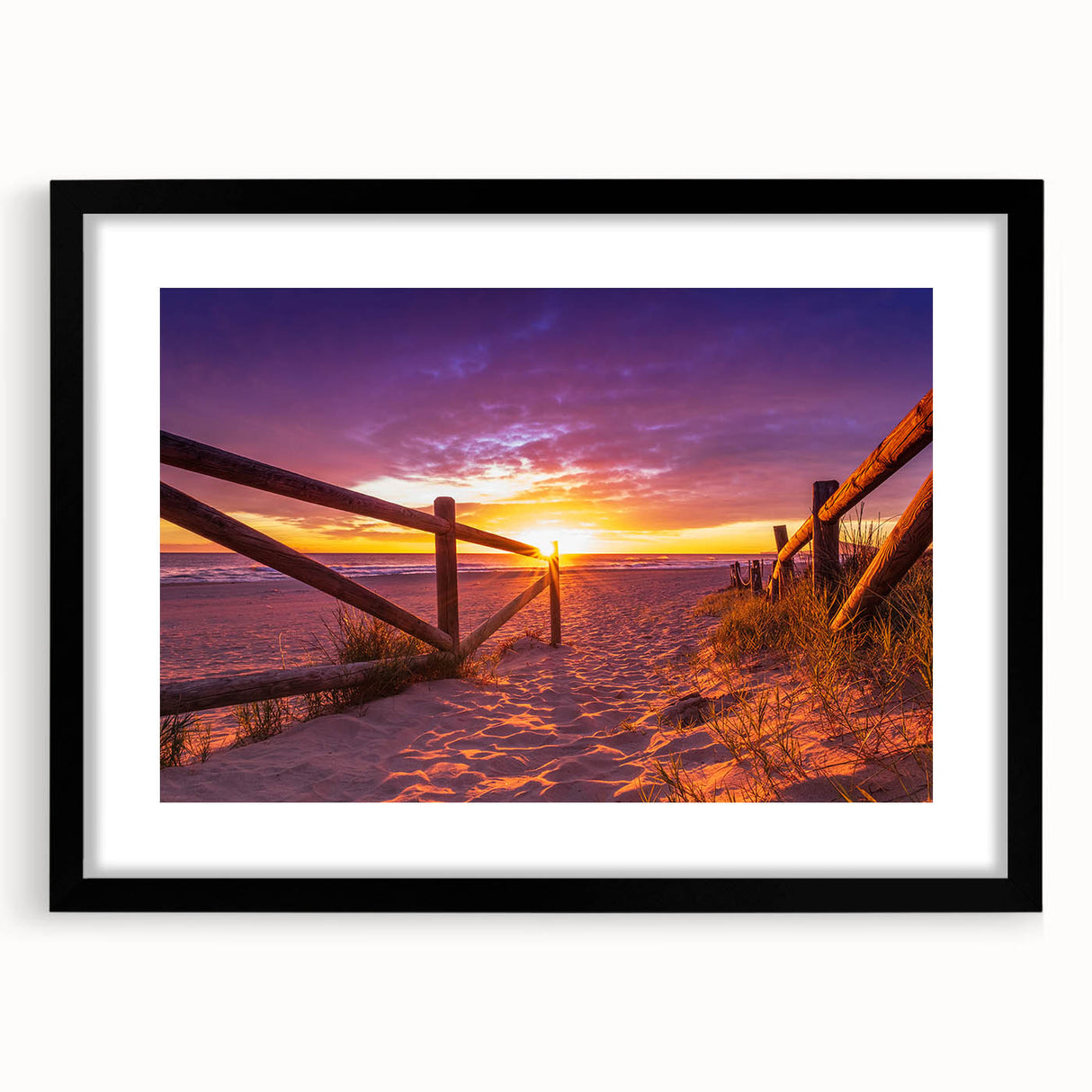 Extra large abstract art print of vibrant, colorful Valencia scenery on textured canvas, framed in black.