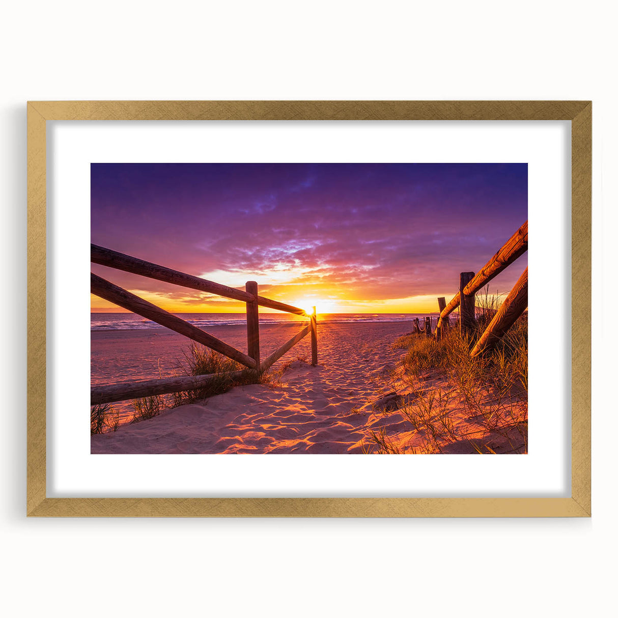 Extra large abstract art print of a textured European scenery, predominantly in earth tones, framed in gold.