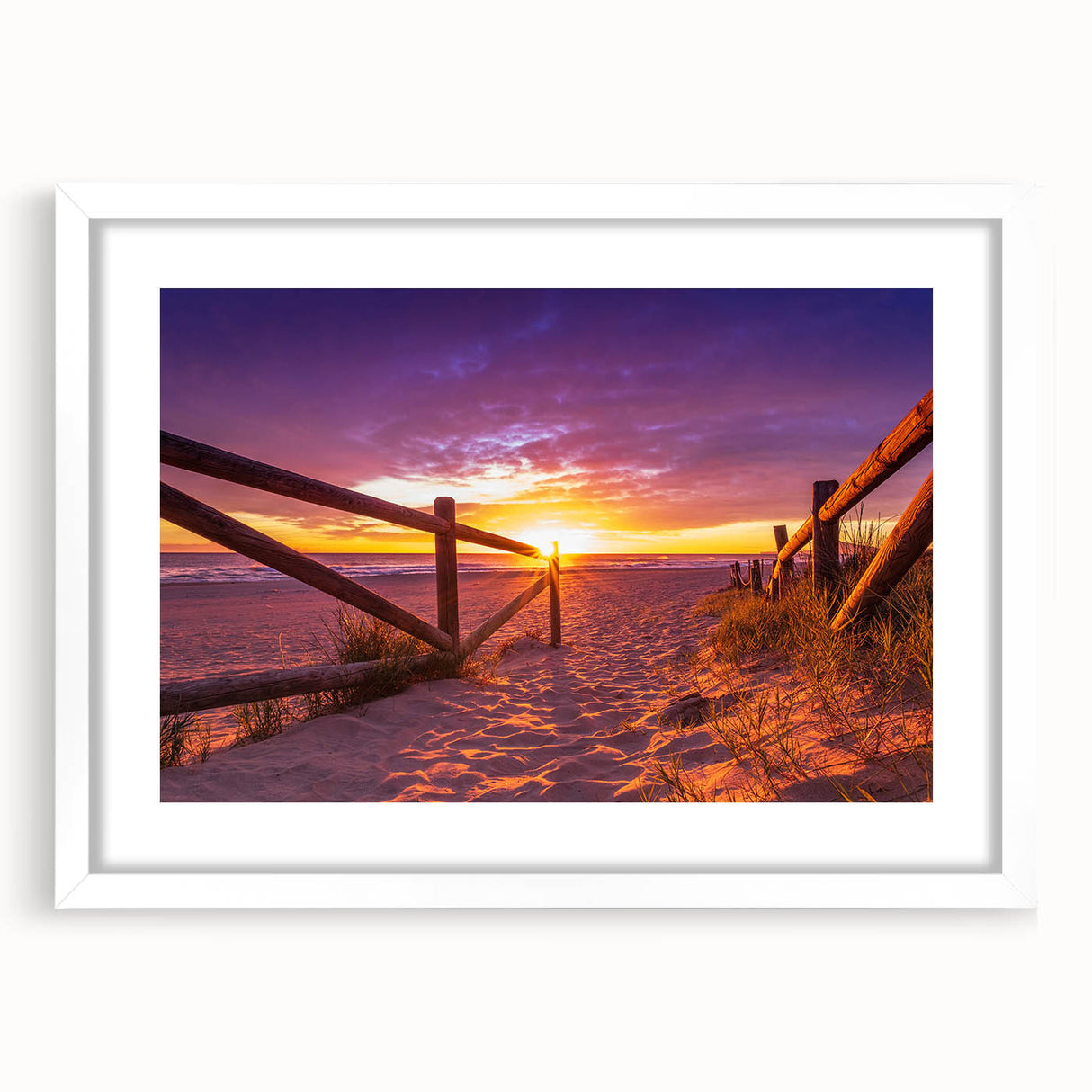 Abstract art print of Valencia scenery in muted earth tones on a white framed canvas, suitable for dining room decor.