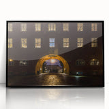 Large abstract wall art depicting Stockholm's skyline in muted gray and blue tones on a framed acrylic.