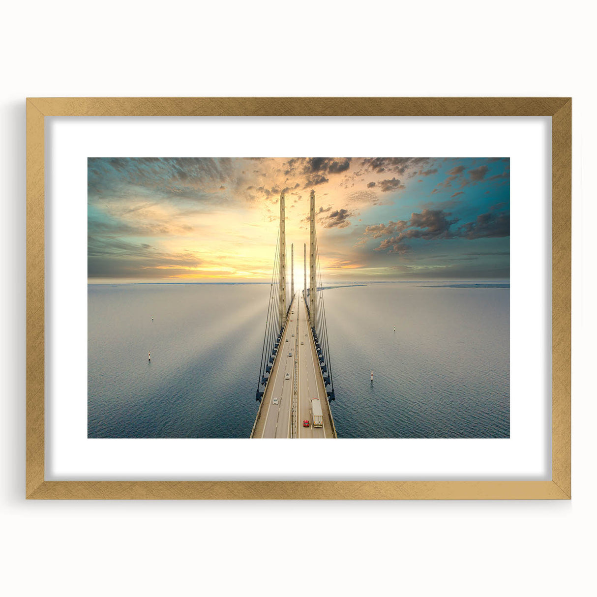 Extra large abstract art print of a textured European scenery in gold frame, suitable for living room decor.