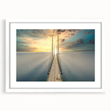 Abstract art print of a serene Swedish landscape in muted green and blue tones on a framed white matte canvas.