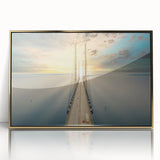 Large art print of a serene Swedish landscape in muted green and blue tones, framed in gold acrylic.