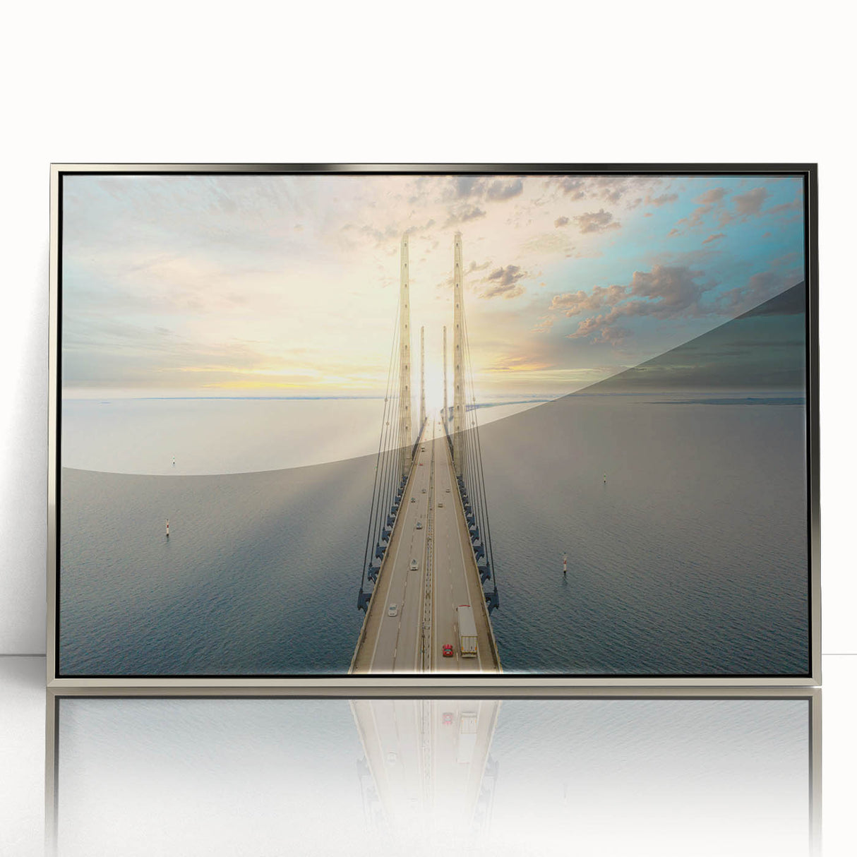 Mid-century modernist art depicting a serene Swedish landscape in muted blues and greens, framed in silver acrylic.