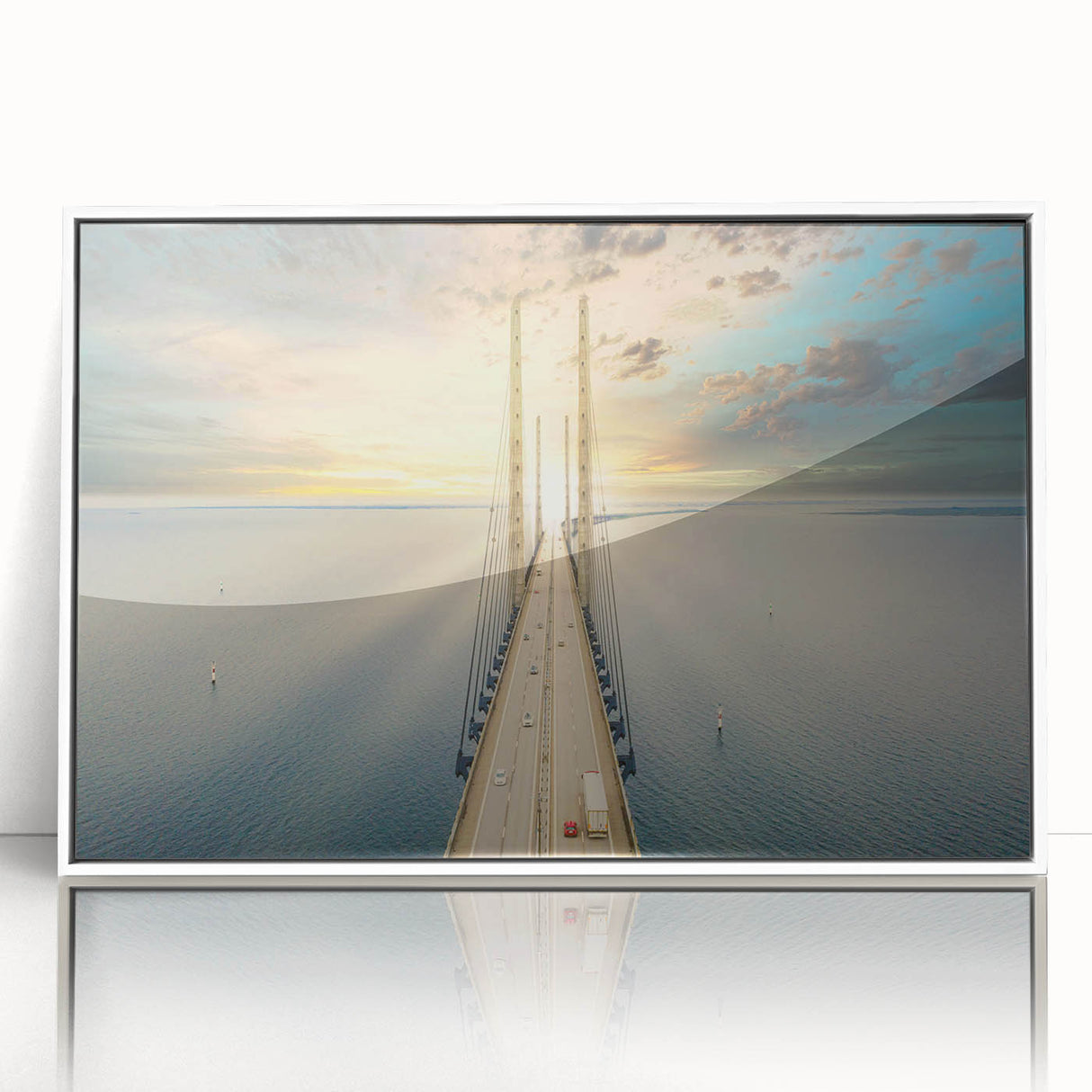 Art deco poster of a serene Swedish landscape in muted blue and green tones, acrylic framed.