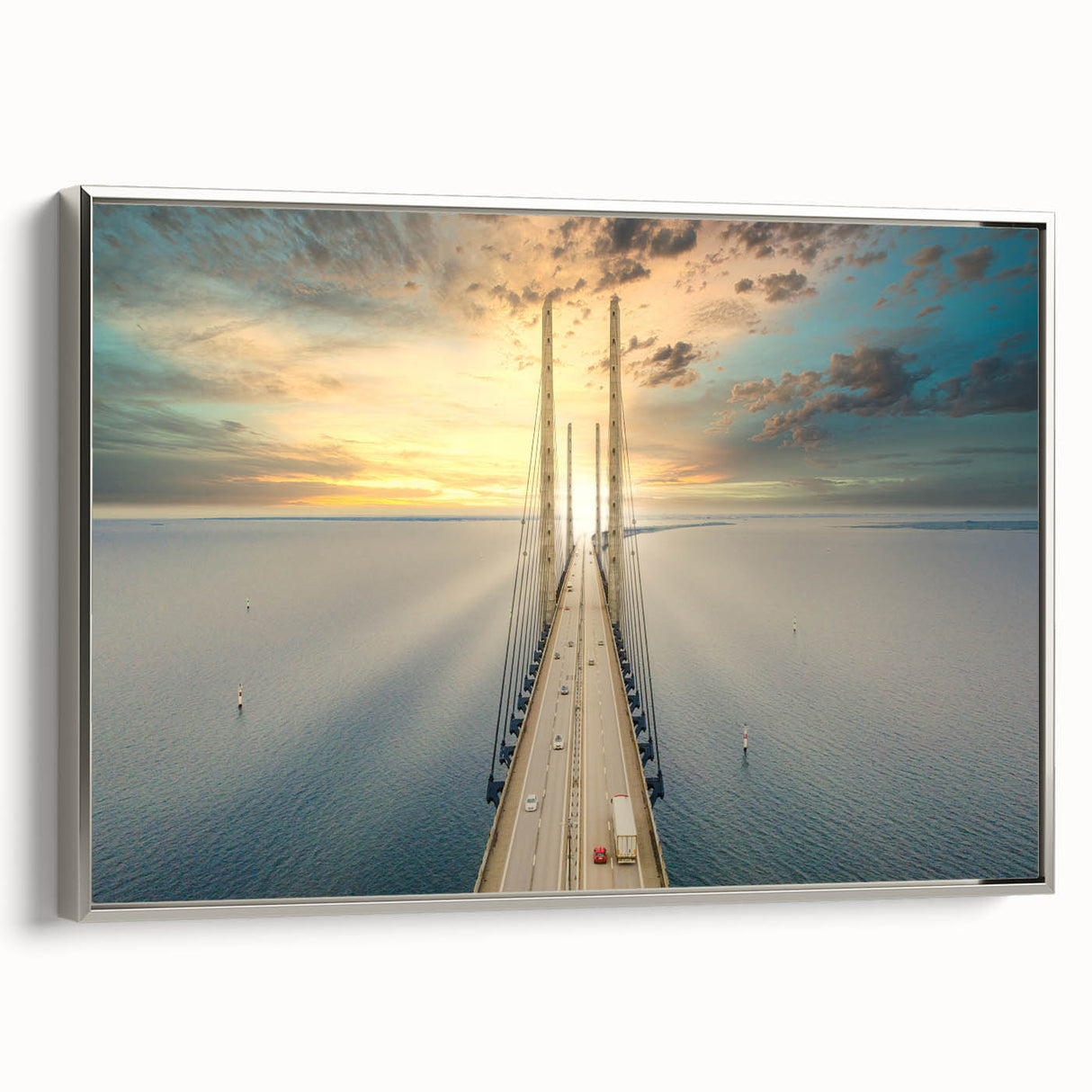Landscape art painting of a serene Swedish scenery in muted blue and green, framed canvas, ideal for living room decor.