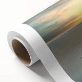 Art deco poster of a serene Swedish landscape in muted green and blue tones on rolled canvas, ideal for nursery wall art.