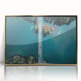 Large art print of a Swiss landscape in muted greens and blues on acrylic, framed in gold, ideal for modern art wall decor.