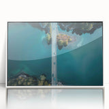 Art deco poster of a Swiss landscape in muted blue and green tones on framed acrylic, ideal for modern nursery wall art.