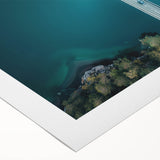 Art deco poster of a Swiss landscape in muted green and blue tones on rolled canvas, suitable for dining room decor.