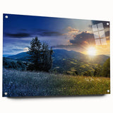 Large abstract wall art depicting a European scenery in muted earth tones on acrylic glass, ideal for dining room decor.