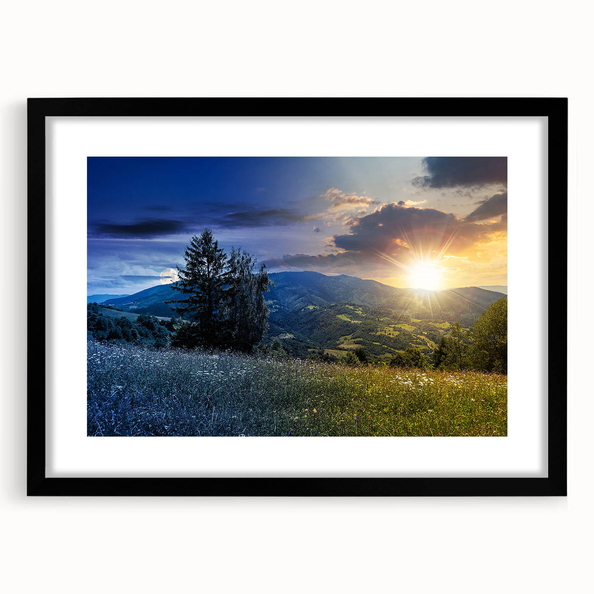 Colorful abstract art print of a European scenery in a black frame, ideal for living room decor.