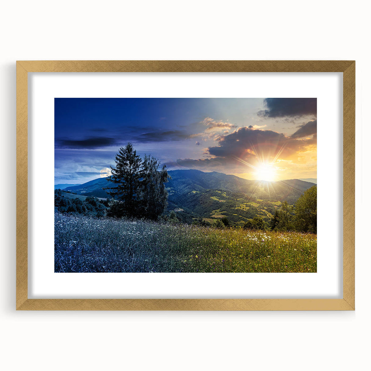 Extra large abstract art print depicting a textured European landscape in muted earth tones, framed in gold.