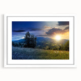 Abstract art print of a European landscape in muted earth tones on a framed white mat, suitable for dining room decor.