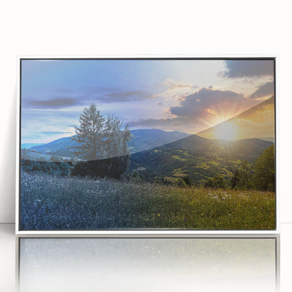 Art deco poster featuring a serene Ukrainian landscape in muted pastel colors on a framed acrylic.