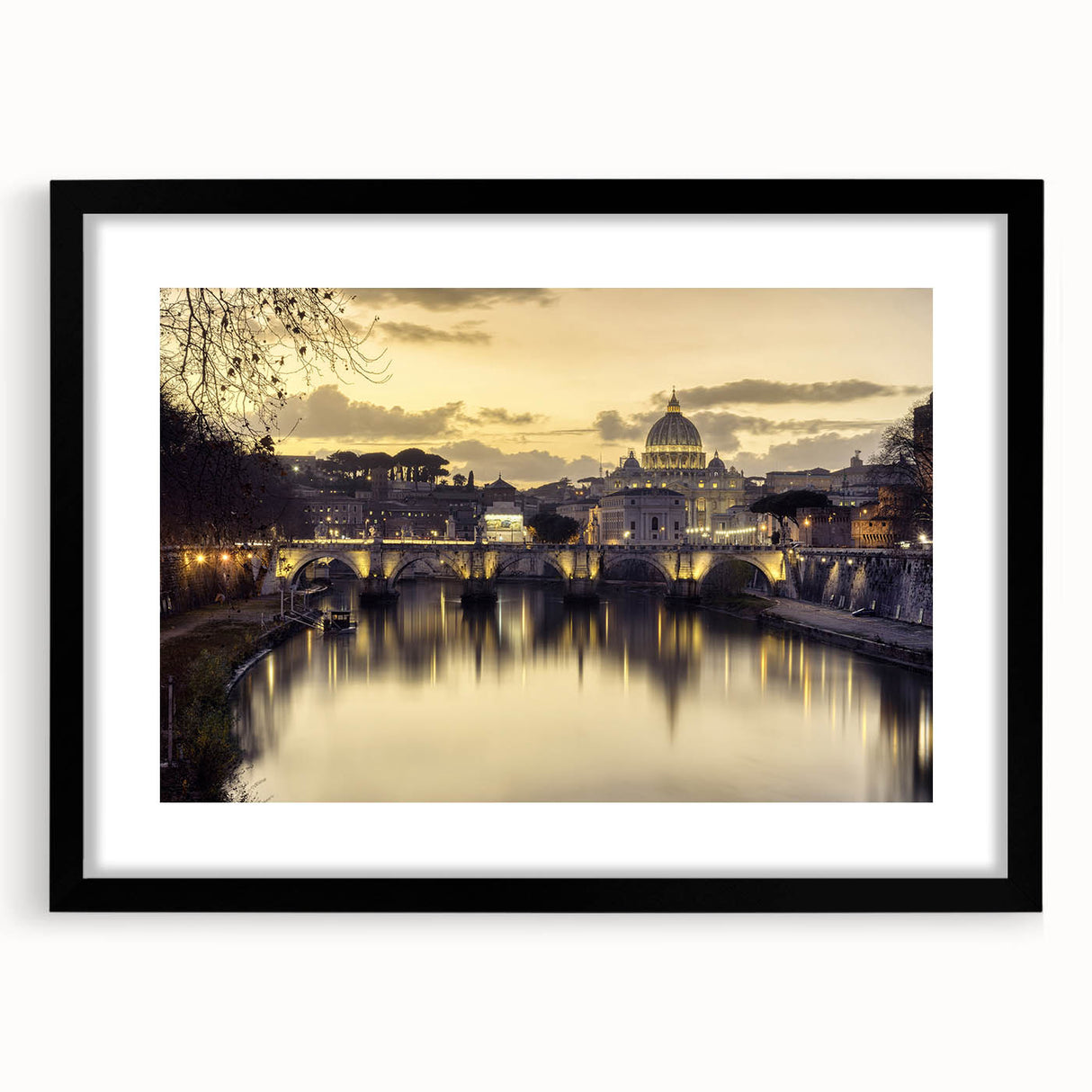 Abstract art print of a colorful European scenery, in a black frame with mat, ideal for living room decor.