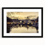Abstract art print of a colorful European scenery, in a black frame with mat, ideal for living room decor.