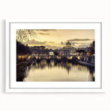 Abstract art print of Vatican scenery in muted earth tones on a framed white mat, ideal for dining room decor.