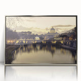 Mid-century modernist art of the Vatican scenery in muted earth tones on a framed acrylic, ideal for nursery wall decor.
