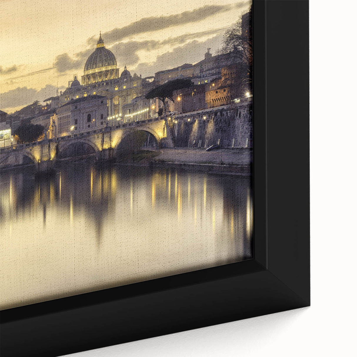Close-up of a black framed canvas featuring a textured, colorful depiction of the Vatican, ideal for living room decor.
