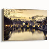 Framed canvas featuring a vintage poster of the Vatican landscape in muted gold and black tones.