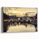 Framed canvas of a vintage-style landscape painting featuring the Vatican, with muted earth tones and silver frame.
