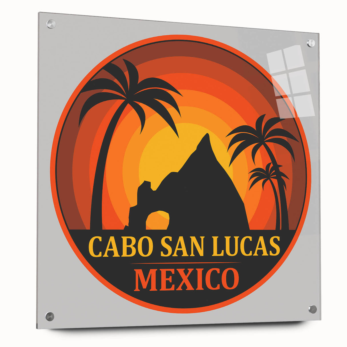 Acrylic print of Cabo San Lucas scenery in muted blue and green tones, suitable for bedroom or dining room decor.