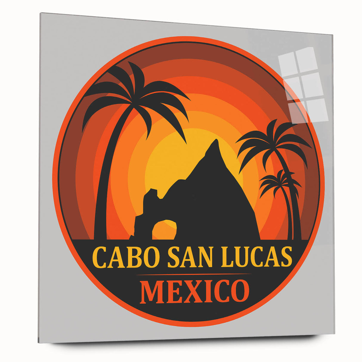 Large abstract wall art of Cabo San Lucas scenery in vibrant blues and greens on acrylic glass.