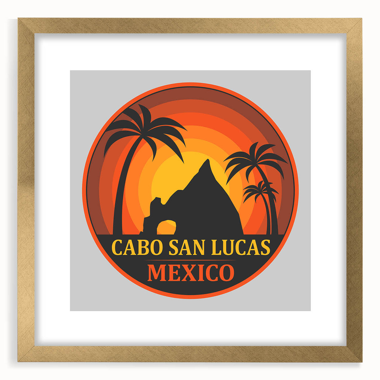 Extra large abstract art print depicting textured scenery of Cabo San Lucas, with vibrant blues and greens, framed in gold.
