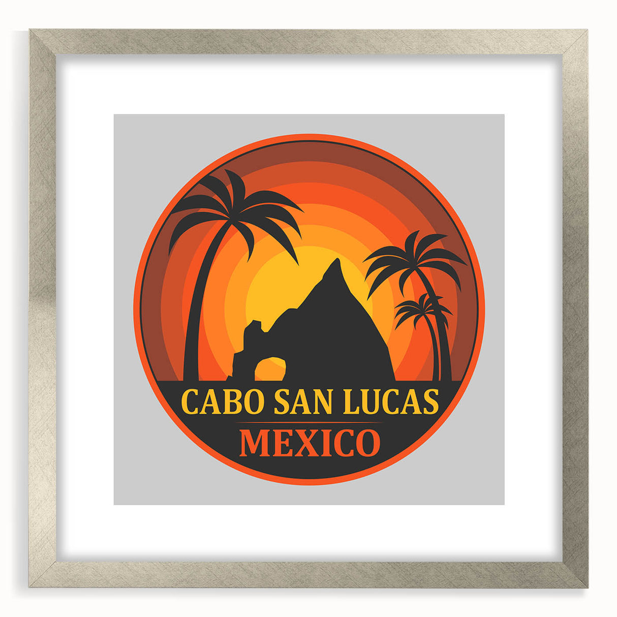 Textured abstract art print of Cabo San Lucas scenery in muted earth tones, framed in silver, ideal for bedroom art.
